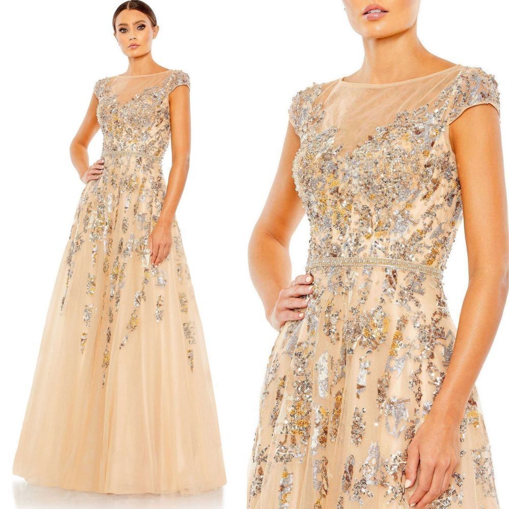 Mac Duggal NEW Embellished Cap Sleeve Cutout Back Gown in Nude $798 - Size 14